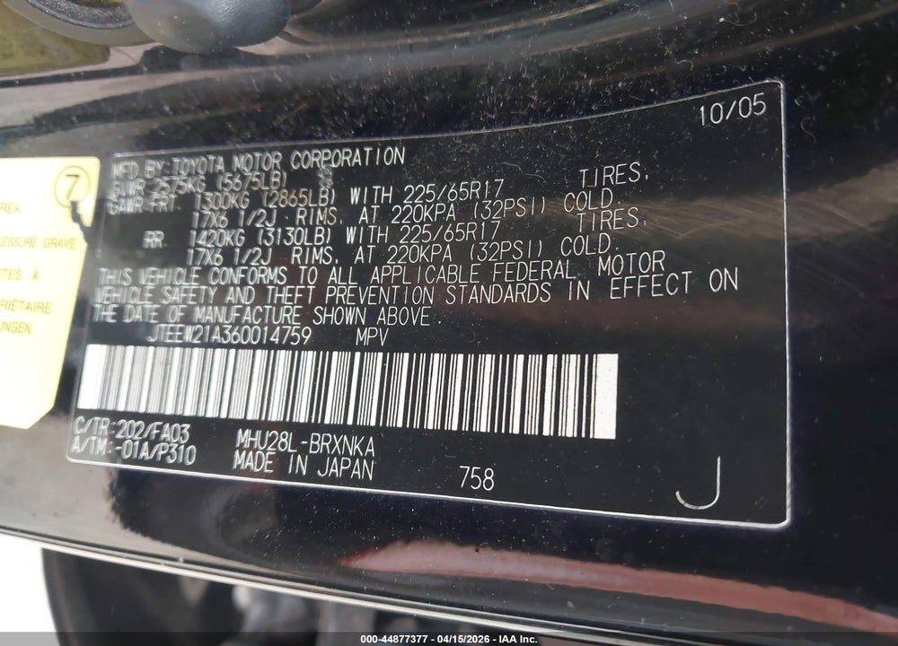 2006 TOYOTA HIGHLANDER HYBRID V6 VIN: JTEEW21A360014759