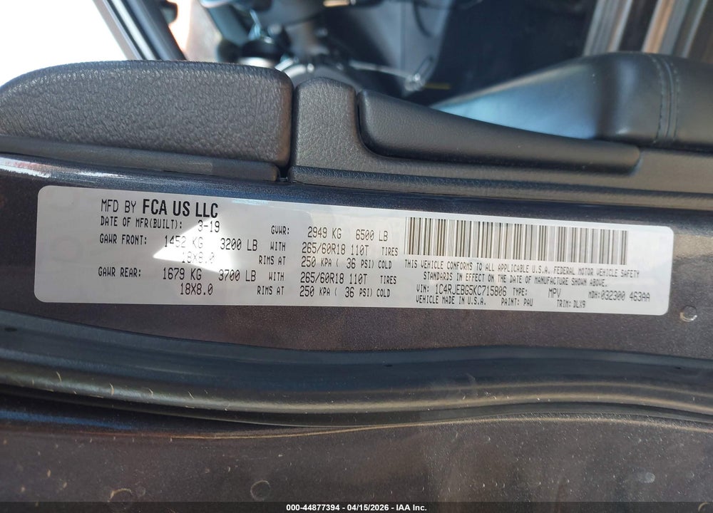 2019 JEEP GRAND CHEROKEE LIMITED 4X2 VIN: 1C4RJEBG5KC715806