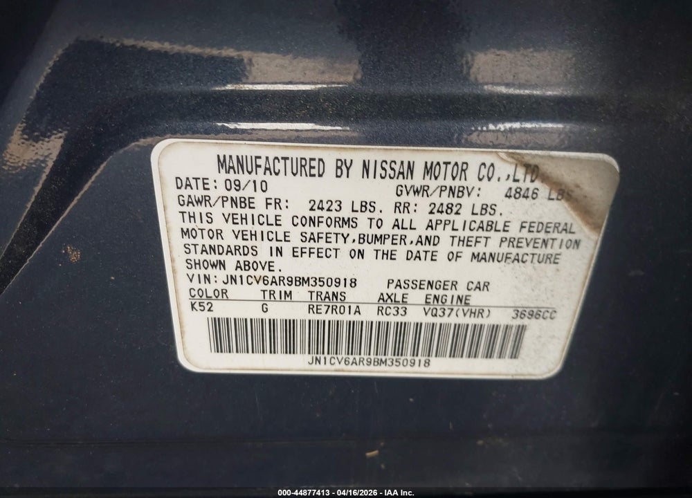 2011 INFINITI G37X VIN: JN1CV6AR9BM350918