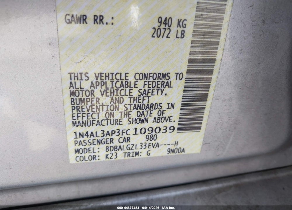 2015 NISSAN ALTIMA 2.5 S VIN: 1N4AL3AP3FC109039