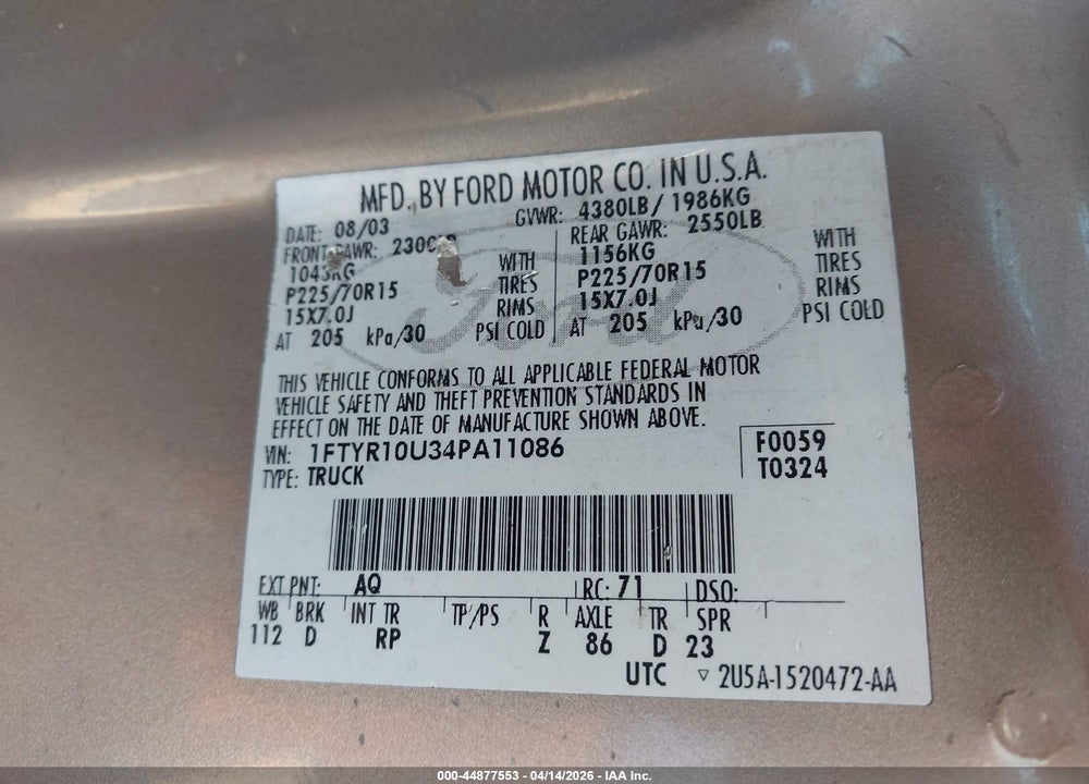 2004 FORD RANGER EDGE/XL/XLT VIN: 1FTYR10U34PA11086