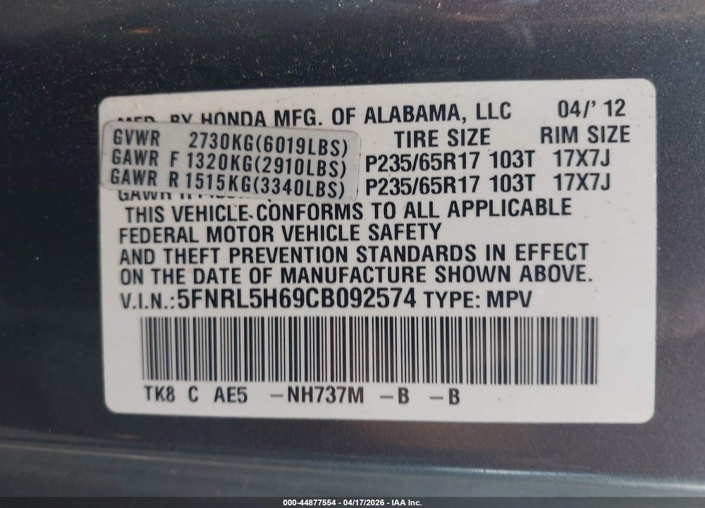 2012 HONDA ODYSSEY EX-L VIN: 5FNRL5H69CB092574