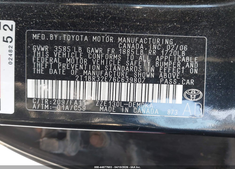 2006 TOYOTA COROLLA CE VIN: 2T1BR32E76C639807