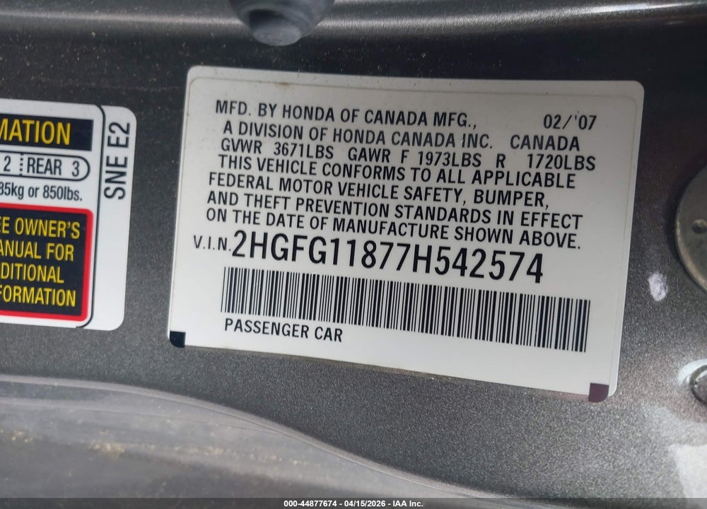 2007 HONDA CIVIC EX VIN: 2HGFG11877H542574