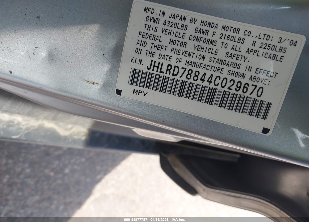 2004 HONDA CR-V EX VIN: JHLRD78844C029670