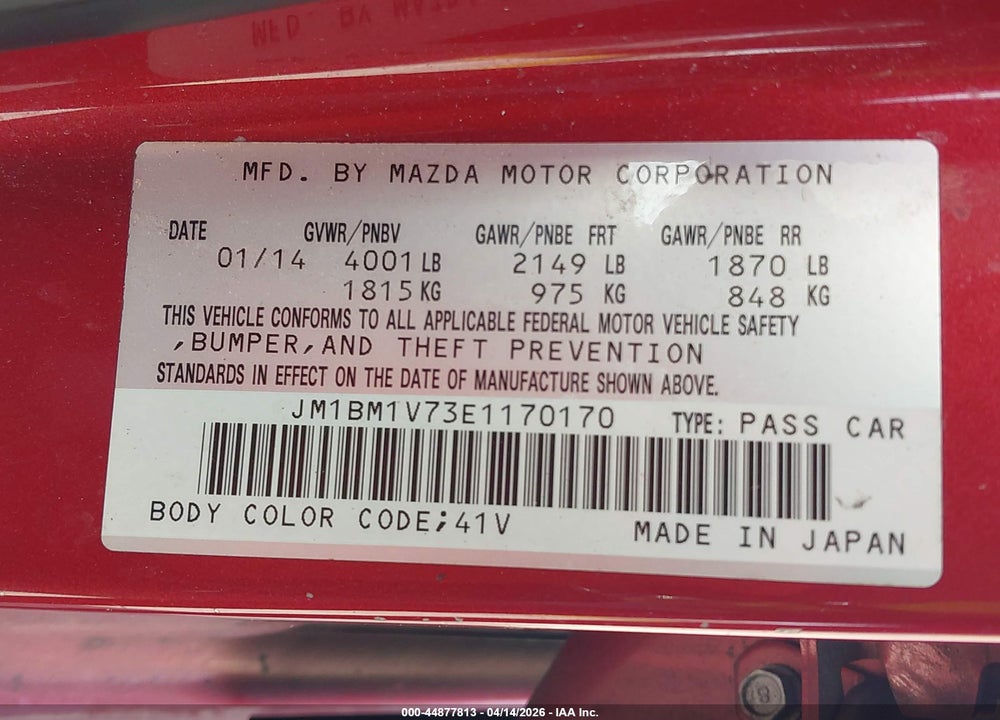 2014 MAZDA 3 I TOURING VIN: JM1BM1V73E1170170