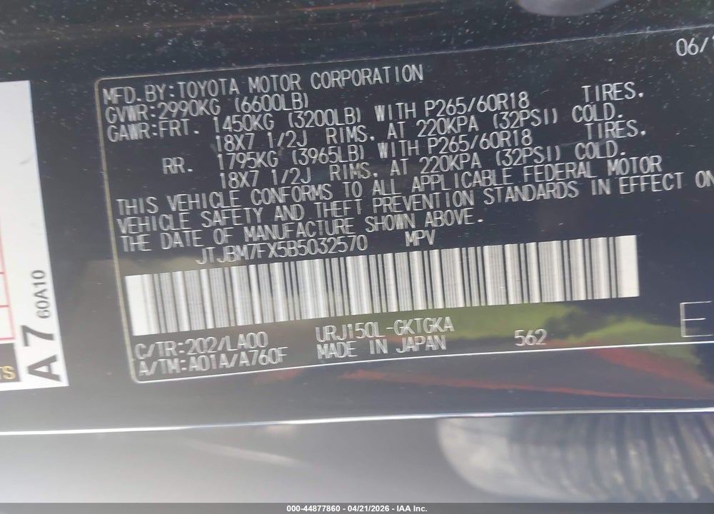 2011 LEXUS GX 460 VIN: JTJBM7FX5B5032570