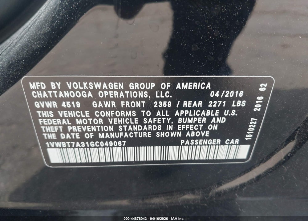 2016 VOLKSWAGEN PASSAT 1.8T SE VIN: 1VWBT7A31GC049067