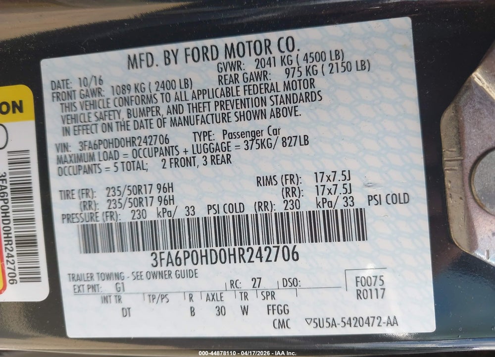 2017 FORD FUSION SE VIN: 3FA6P0HD0HR242706