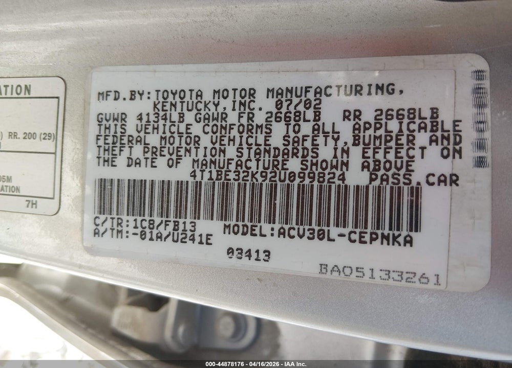 2002 TOYOTA CAMRY LE VIN: 4T1BE32K92U099824