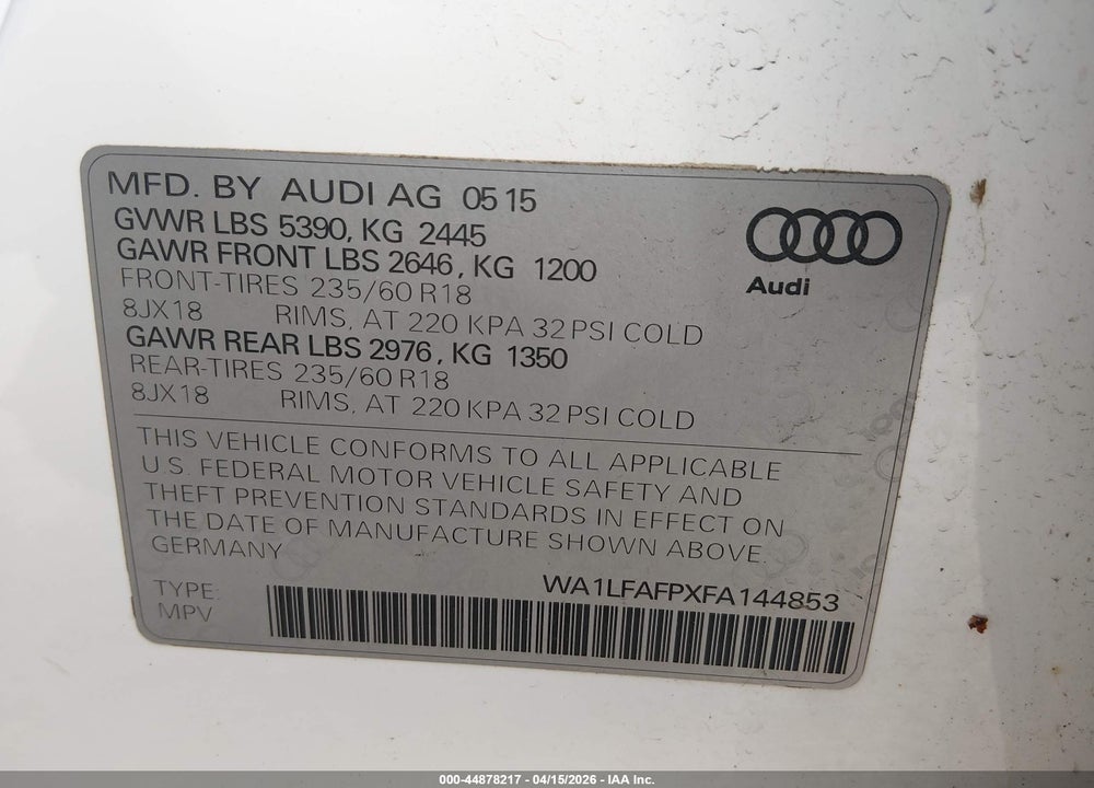 2015 AUDI Q5 2.0T PREMIUM VIN: WA1LFAFPXFA144853