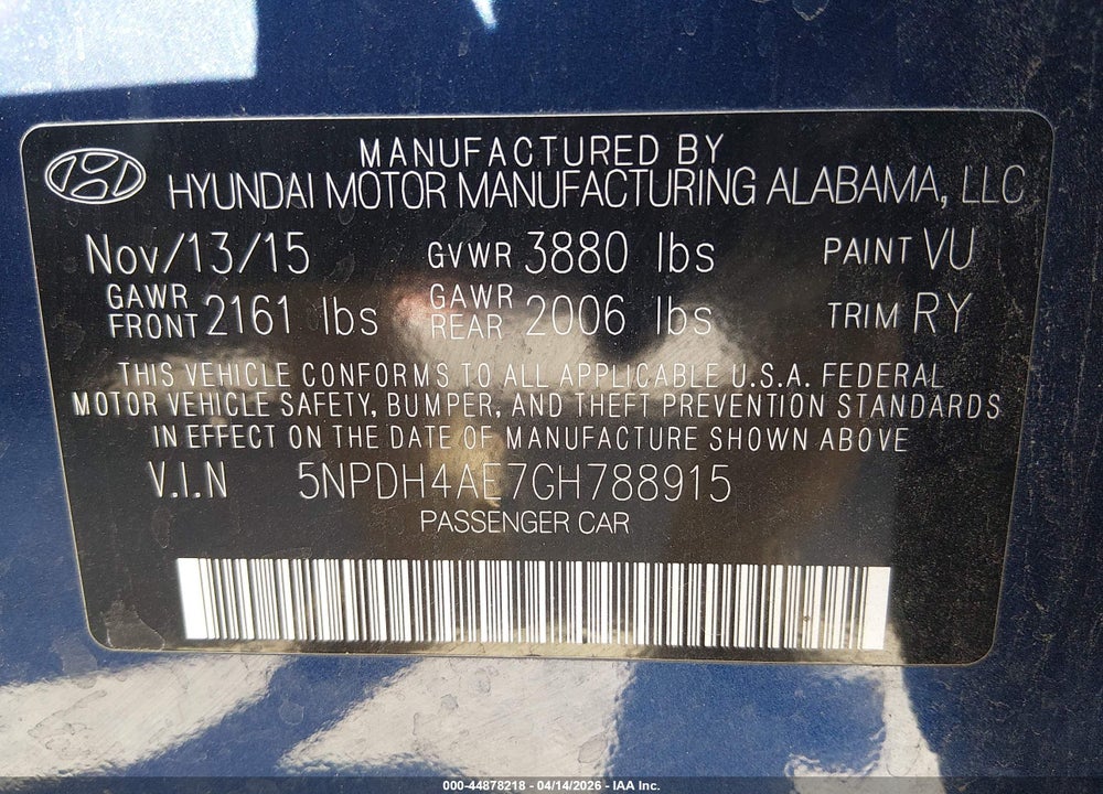 2016 HYUNDAI ELANTRA VALUE EDITION VIN: 5NPDH4AE7GH788915