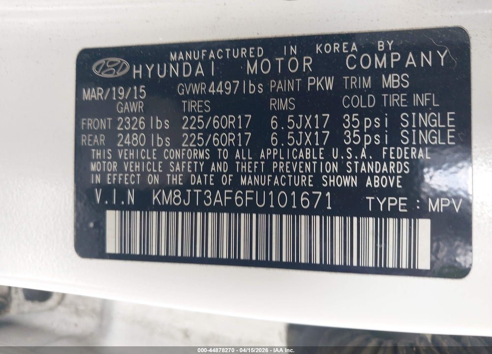 2015 HYUNDAI TUCSON GLS VIN: KM8JT3AF6FU101671