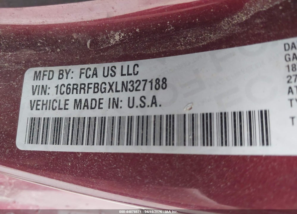 2020 RAM 1500 BIG HORN  4X4 6'4 BOX VIN: 1C6RRFBGXLN327188