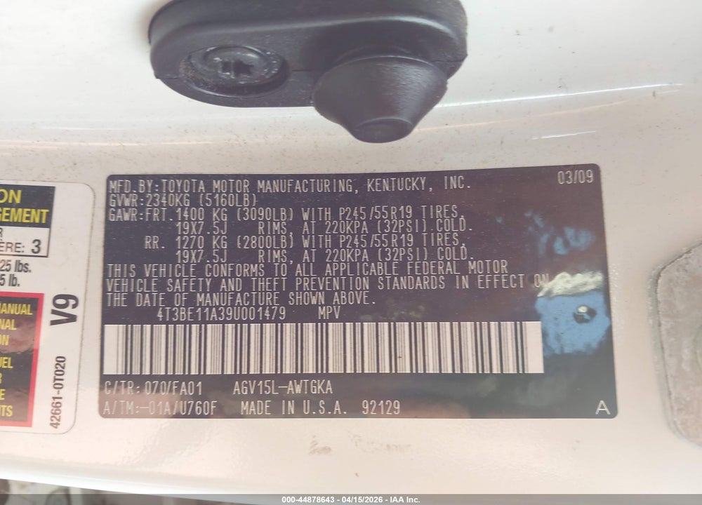 2009 TOYOTA VENZA VIN: 4T3BE11A39U001479