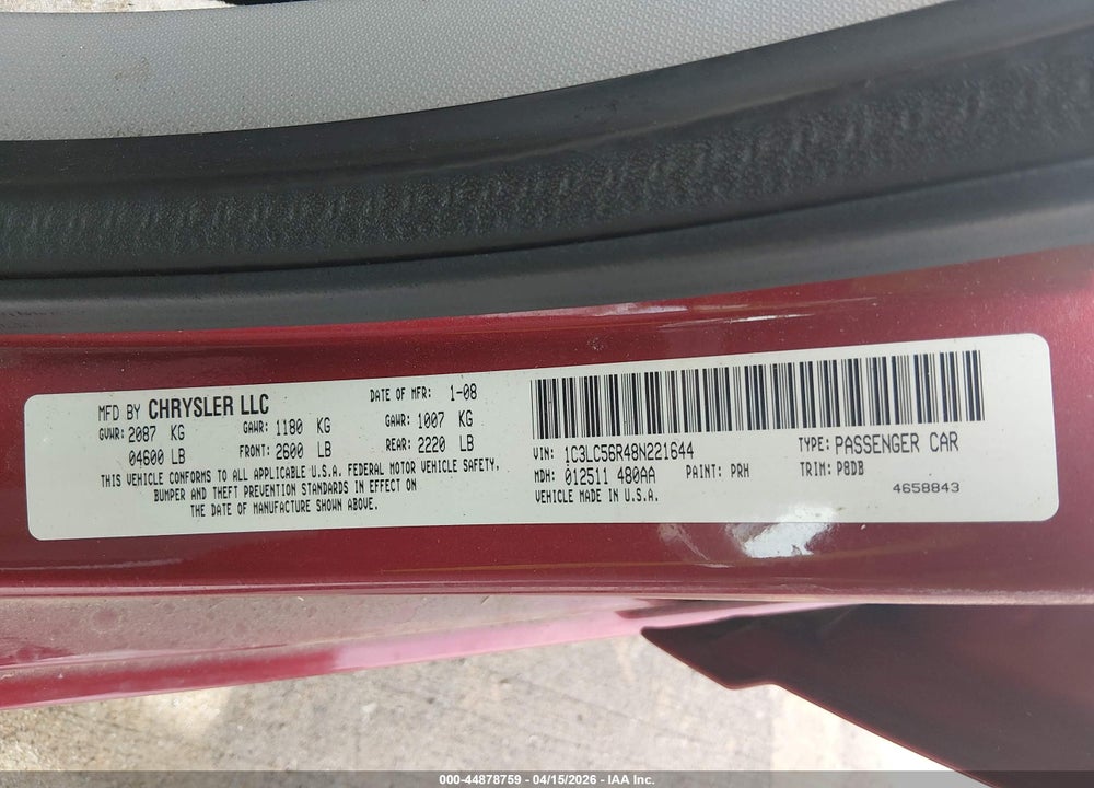 2008 CHRYSLER SEBRING TOURING VIN: 1C3LC56R48N221644