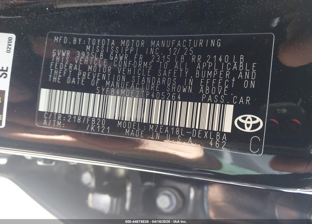2026 TOYOTA COROLLA LE VIN: 5YFB4MDE2TP405264