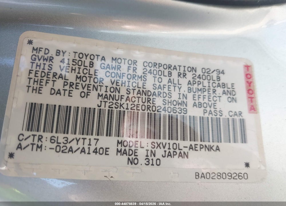 1994 TOYOTA CAMRY LE VIN: JT2SK12E0R0240639