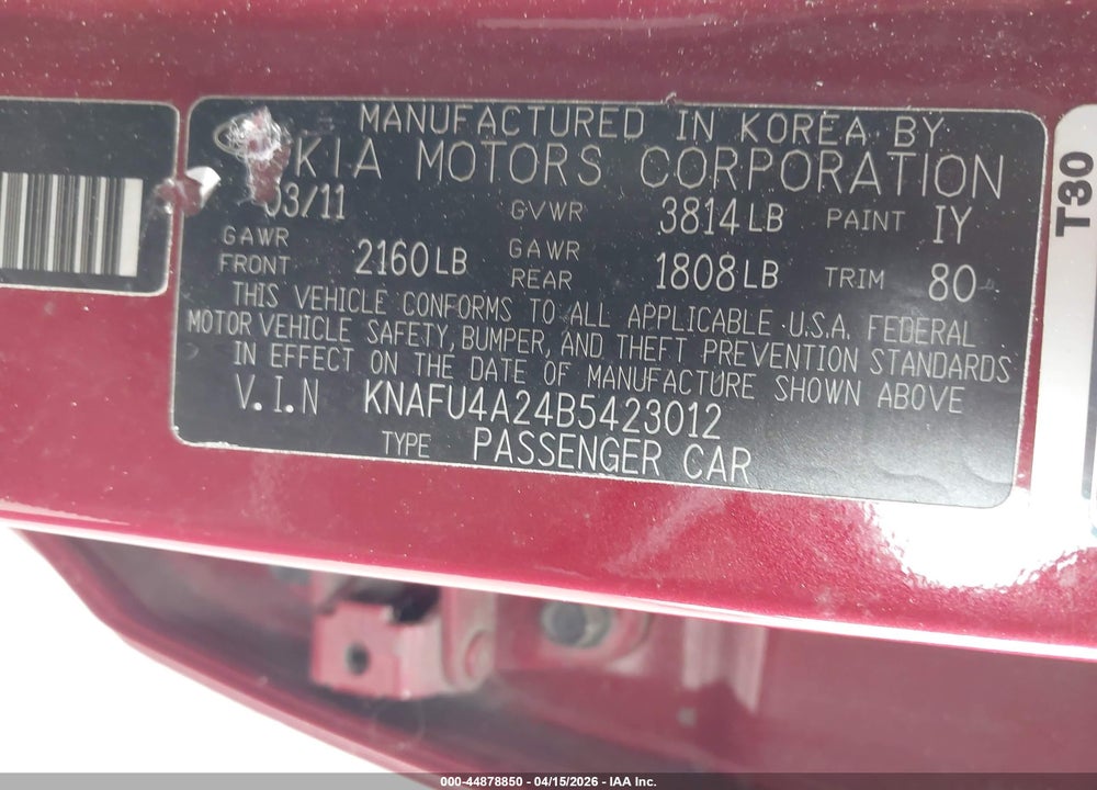 2011 KIA FORTE EX VIN: KNAFU4A24B5423012