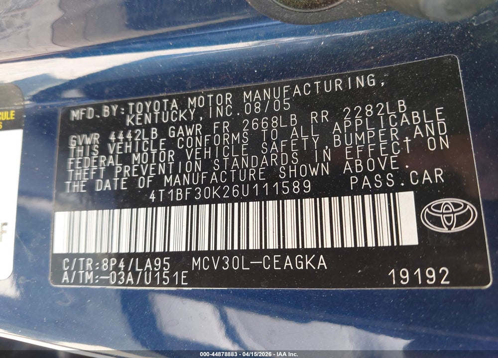 2006 TOYOTA CAMRY XLE V6 VIN: 4T1BF30K26U111589