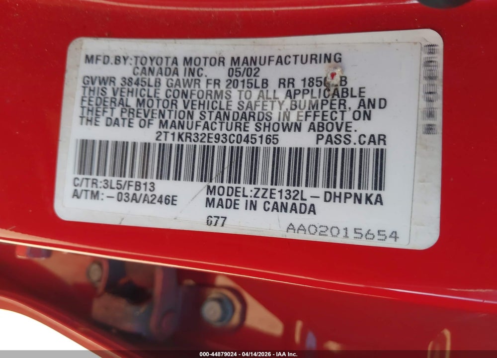 2003 TOYOTA MATRIX XR VIN: 2T1KR32E93C045165