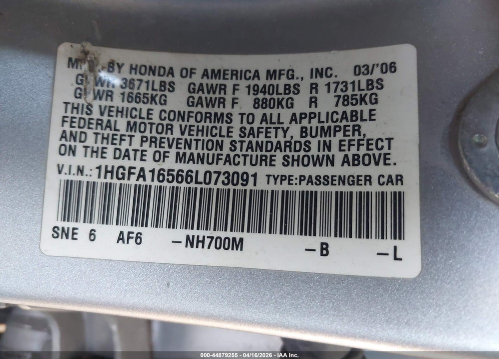 2006 HONDA CIVIC LX VIN: 1HGFA16566L073091