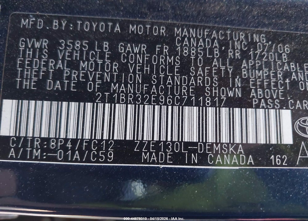 2006 TOYOTA COROLLA S VIN: 2T1BR32E96C711817