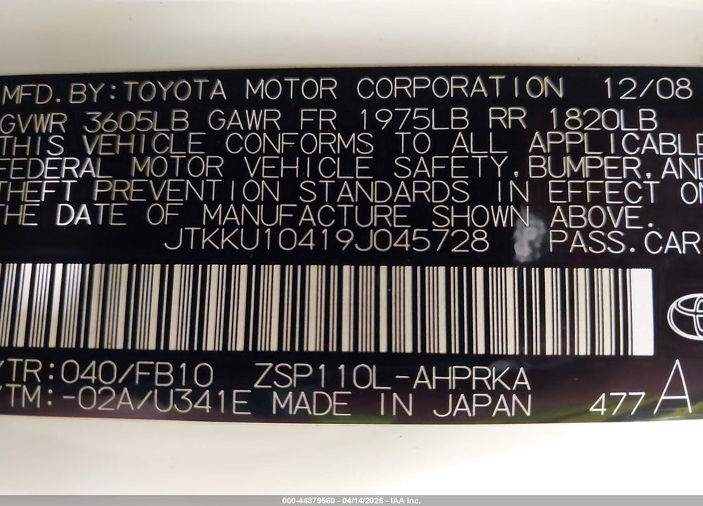2009 SCION XD VIN: JTKKU10419J045728