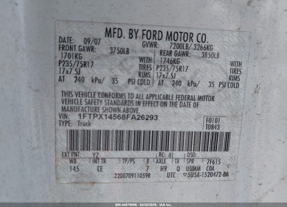 2008 FORD F-150 FX4/LARIAT/XL/XLT VIN: 1FTPX14568FA26293
