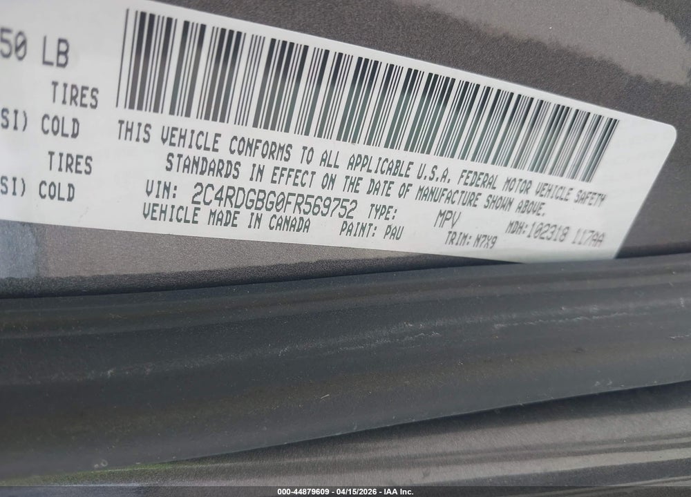 2015 DODGE GRAND CARAVAN SE VIN: 2C4RDGBG0FR569752