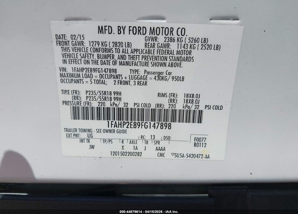 2015 FORD TAURUS SEL VIN: 1FAHP2E89FG147898