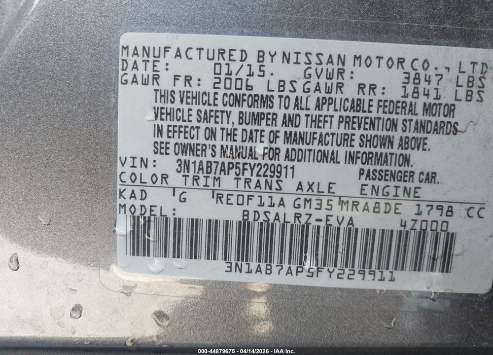 2015 NISSAN SENTRA SR VIN: 3N1AB7AP5FY229911