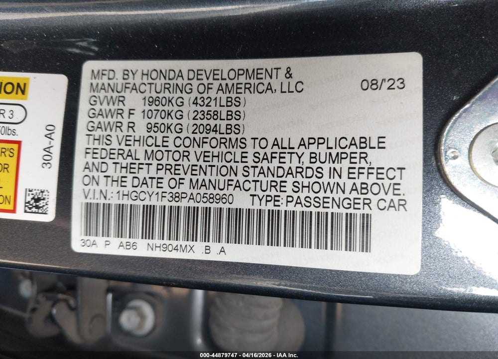2023 HONDA ACCORD EX VIN: 1HGCY1F38PA058960