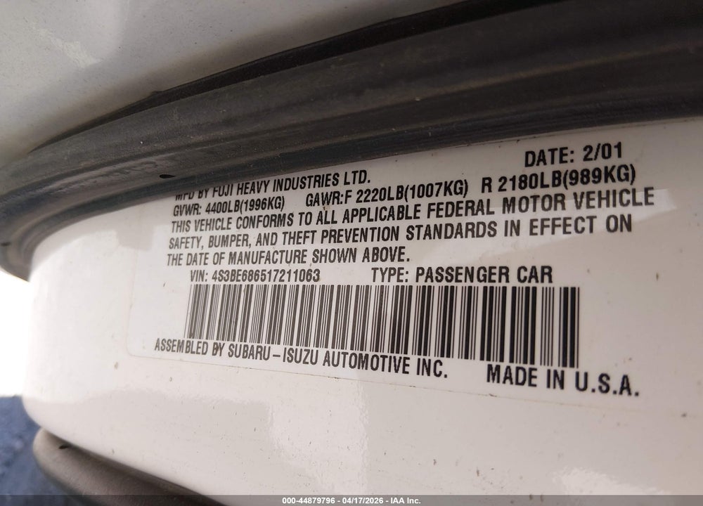 2001 SUBARU OUTBACK LIMITED VIN: 4S3BE686517211063