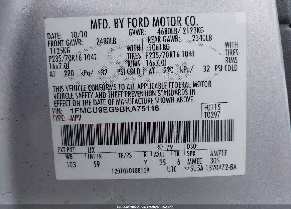 2011 FORD ESCAPE LIMITED VIN: 1FMCU9EG9BKA75116