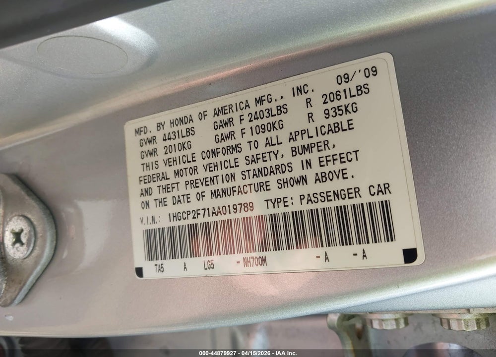 2010 HONDA ACCORD 2.4 EX VIN: 1HGCP2F71AA019789