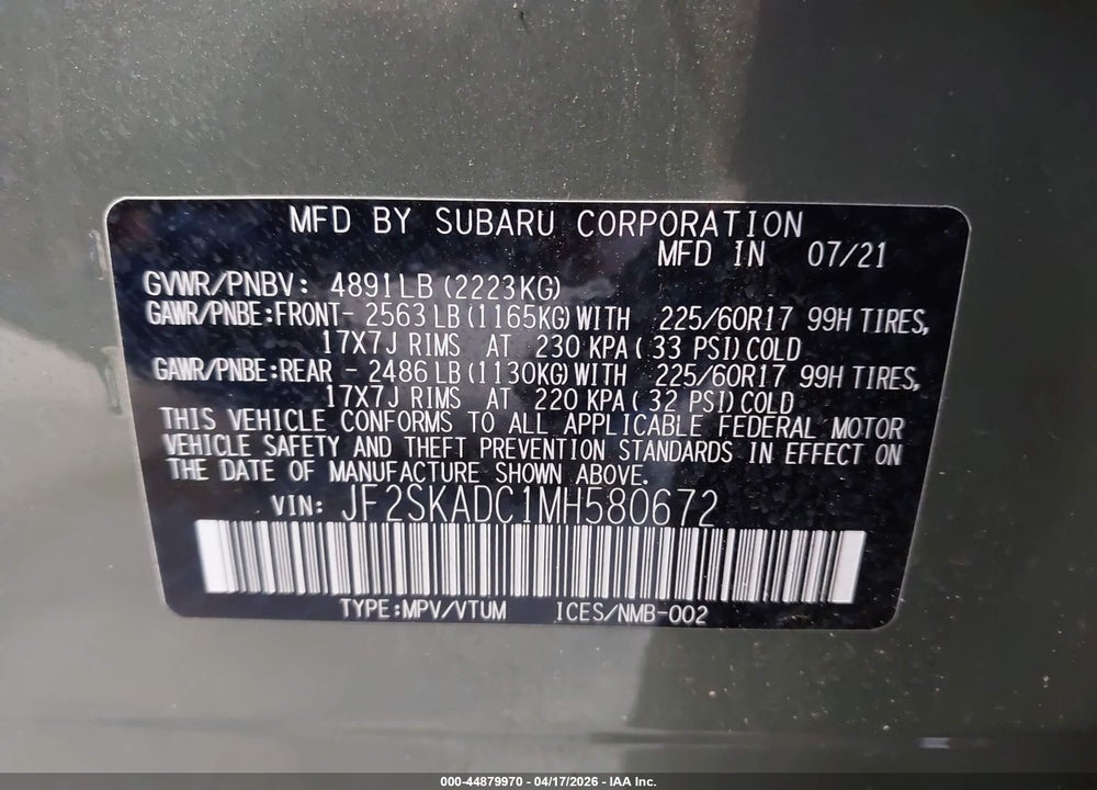 2021 SUBARU FORESTER VIN: JF2SKADC1MH580672