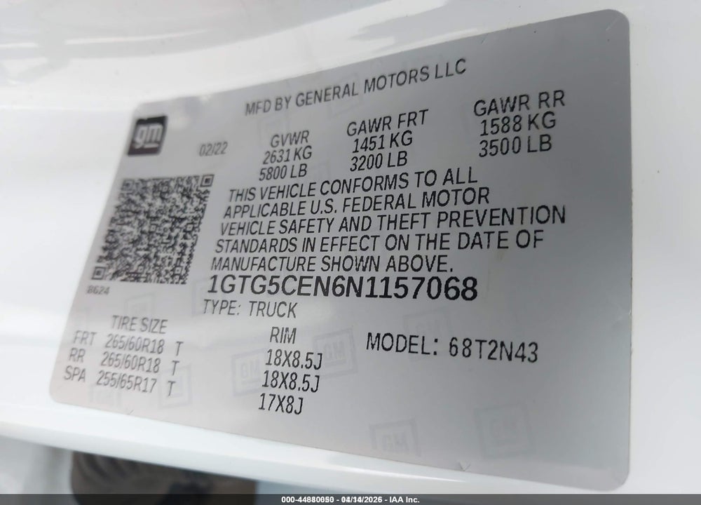2022 GMC CANYON 2WD  SHORT BOX ELEVATION VIN: 1GTG5CEN6N1157068