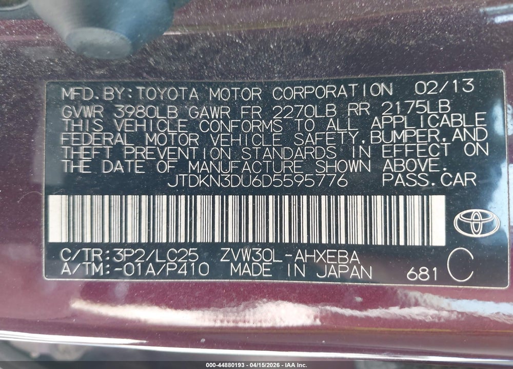 2013 TOYOTA PRIUS THREE SE VIN: JTDKN3DU6D5595776