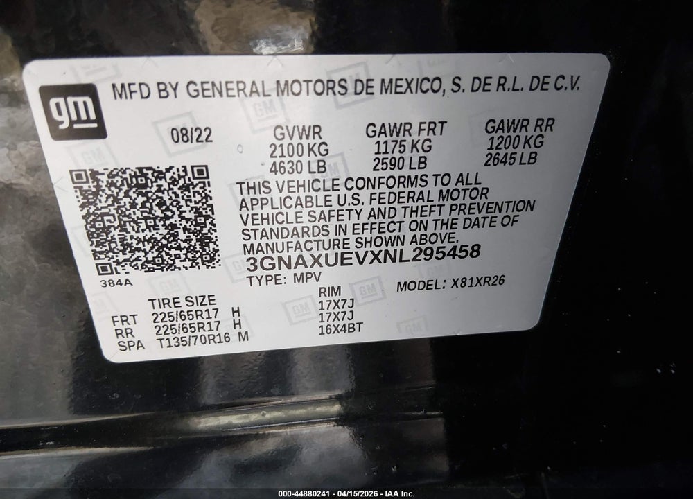2022 CHEVROLET EQUINOX AWD LT VIN: 3GNAXUEVXNL295458