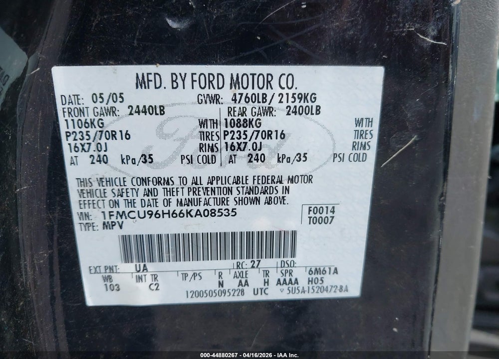 2006 FORD ESCAPE HYBRID VIN: 1FMCU96H66KA08535