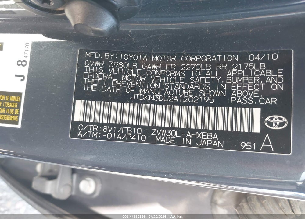 2010 TOYOTA PRIUS III VIN: JTDKN3DU2A1202195