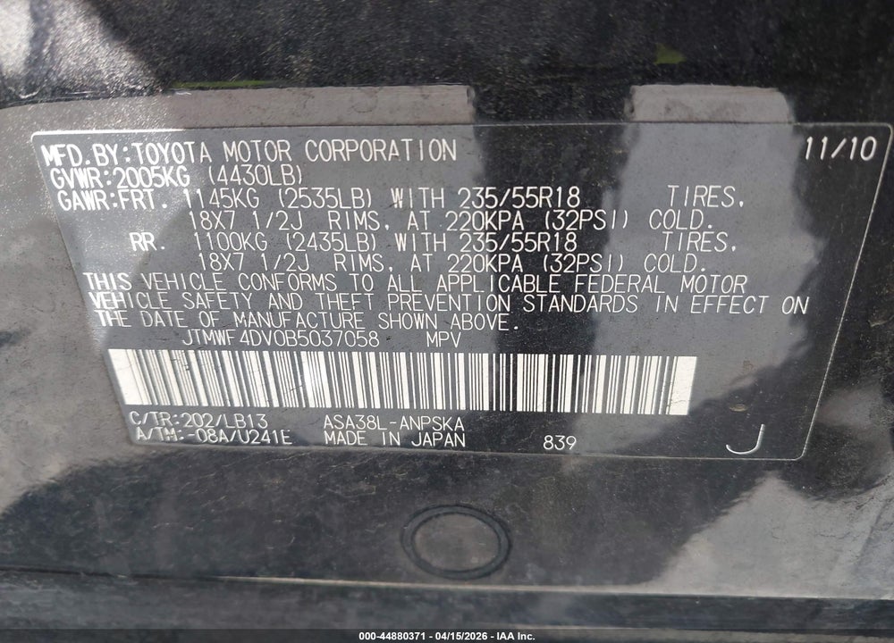 2011 TOYOTA RAV4 SPORT VIN: JTMWF4DV0B5037058