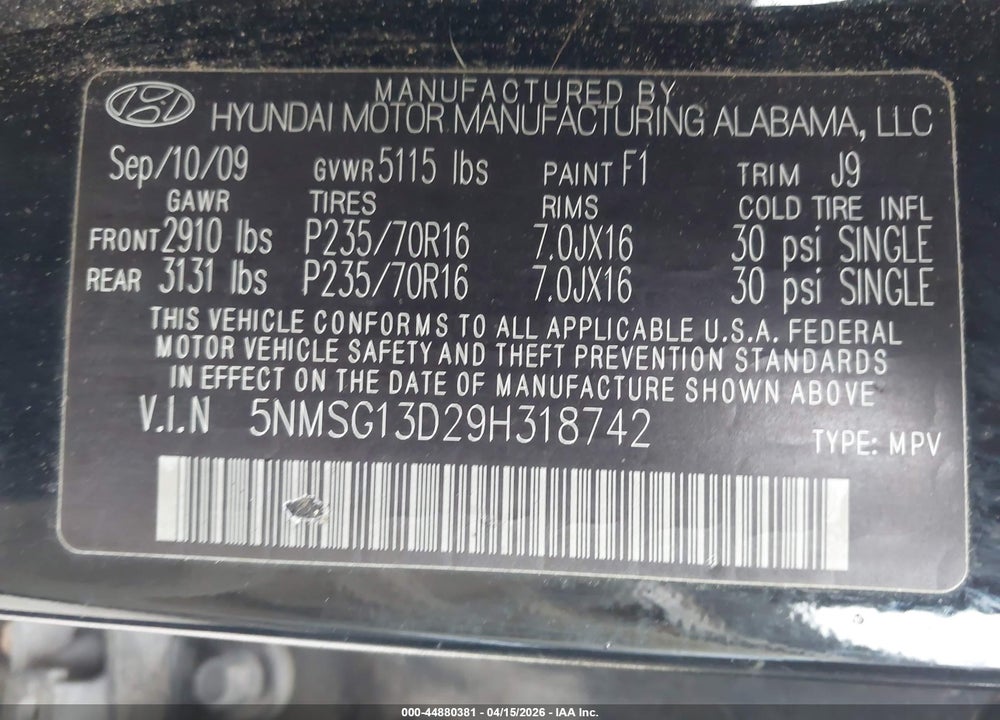 2009 HYUNDAI SANTA FE GLS VIN: 5NMSG13D29H318742
