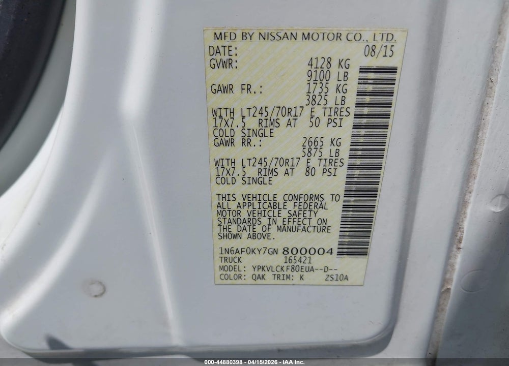 2016 NISSAN NV CARGO NV2500 HD S V8 VIN: 1N6AF0KY7GN800004