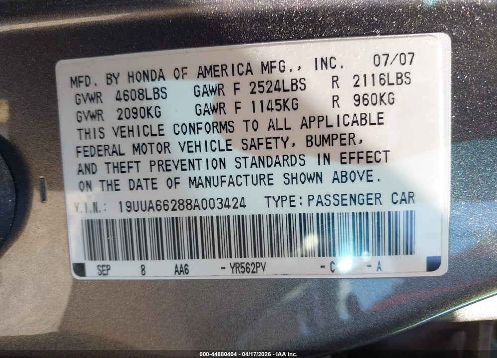 2008 ACURA TL 3.2 VIN: 19UUA66288A003424