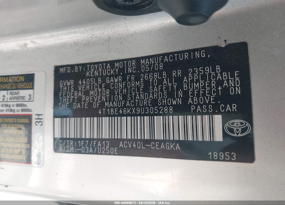 2009 TOYOTA CAMRY XLE VIN: 4T1BE46KX9U305288