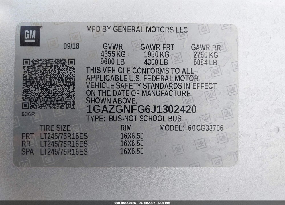 2018 CHEVROLET EXPRESS 3500 LS VIN: 1GAZGNFG6J1302420