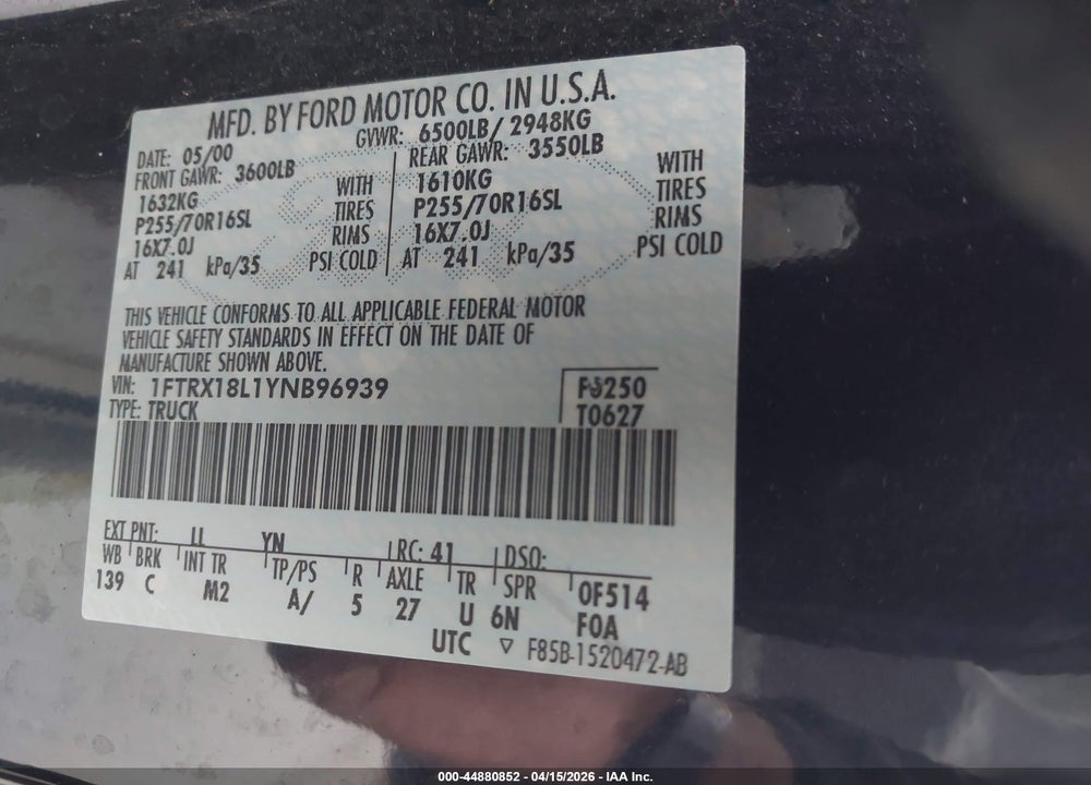 2000 FORD F-150 VIN: 1FTRX18L1YNB96939