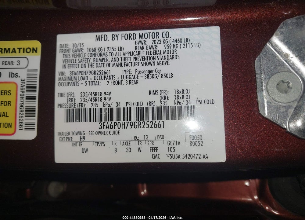 2016 FORD FUSION SE VIN: 3FA6P0H79GR252661